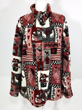 VTG Black Mountain Fleece Patchwork Jacket Sz 2XL Cozy Cottagecore USA Hearts